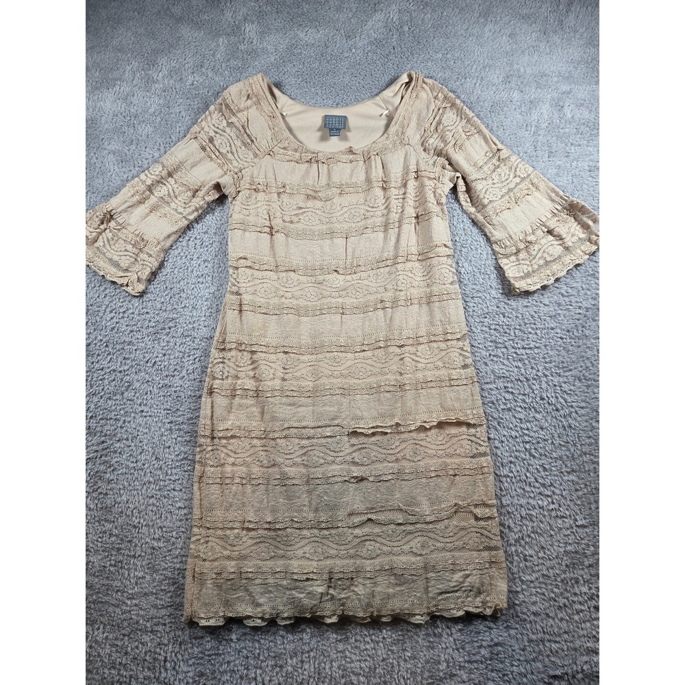 Rabbit Rabbit Rabbit Designs Dress 8 Tan Womens Tiered Lace Bell Sleeve Scoop